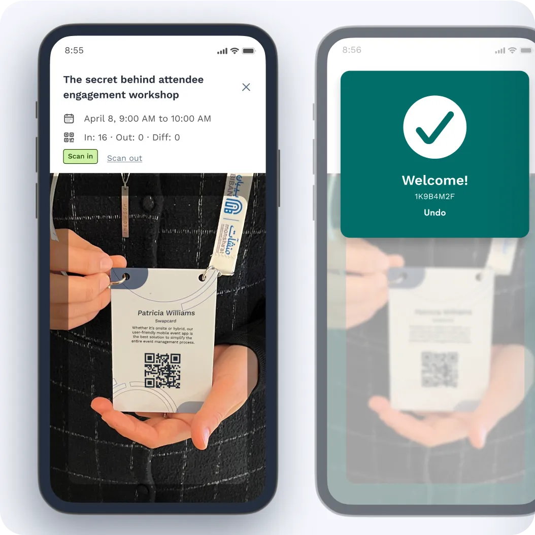 Phone UI showing scanning a badge to grant access to a session onsite